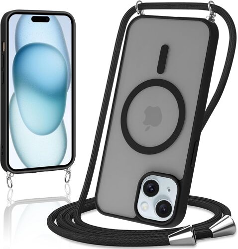 Magnetic Case For Iphone 15 6.1 Inch With Cord, Compatible With Magsafe,Translucent Matte Back Cover Slim Shockproof Adjustable Collar Lanyard Case Portable Lanyard Case, Black