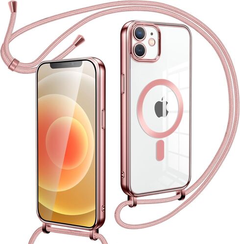 TRAHOO-Collier Coque avec Cordon pour iPhone 12/iPhone 12 Pro,Transparent Réglable Étui Chain Chaine Housse de Souple Silicone Antichoc Etui Bandouliere Laniere pour iPhone 12 Rose-Gold