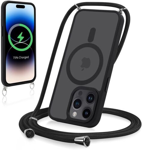 Magnétique Coque pour iPhone 15 Pro Max 6,7"" avec Cordon, Compatible avec MagSafe, Étui Mat Translucide Rigide PC + TPU Bumper Antichoc Protection Housse avec Réglable Collier Laniere Case,Noir