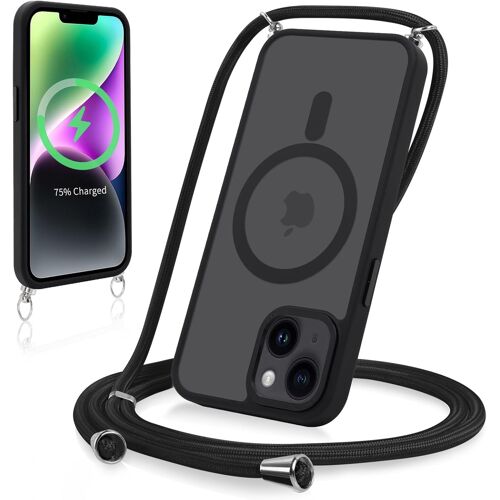 JGD-Magnétique Coque pour iPhone 14/iPhone 13 6,1"" avec Cordon, Compatible avec MagSafe, Étui Mat Translucide Rigide PC + TPU Bumper Antichoc Protection Housse avec Collier Laniere Case, Noir