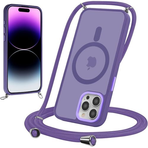 Sjzg-Magnétique Coque Pour Iphone 12 Pro Max 6,7"" Avec Cordon, Compatible Avec Magsafe, Étui Mat Translucide Rigide Pc + Tpu Bumper Antichoc Protection Housse Réglable Collier Laniere Case, Violet