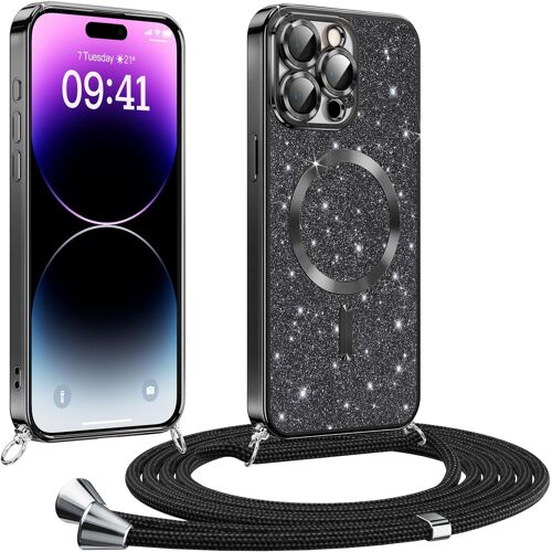 KALANKA-Coque pour iPhone 14 Pro avec Cordon, Etui à Paillettes Compatible avec MagSafe, Antichoc Protection Coque pour Magnétique avec Réglable Collier, Noir