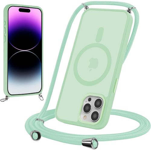 Sjzg-Magnétique Coque Pour Iphone 12 Pro Max 6,7"" Avec Cordon, Compatible Avec Magsafe, Étui Mat Translucide Rigide Pc + Tpu Bumper Antichoc Protection Housse Réglable Collier Laniere Case, Vert 2