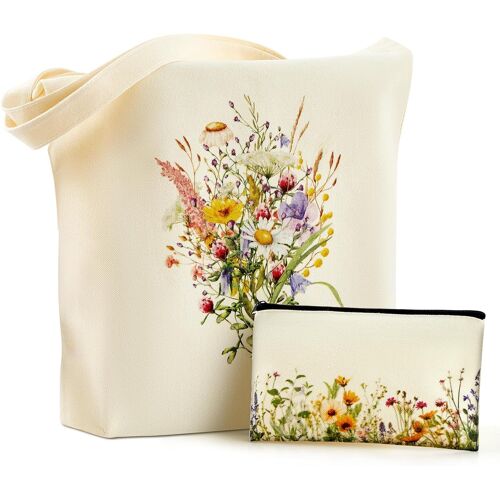 TIANYI-Sac Fourre-Tout en Tissu Grand Sac de Courses en Toile Trousse à Cosmétique avec Fermeture Éclair Sac à Shopping Imprimé pour Femme École Travail Voyage