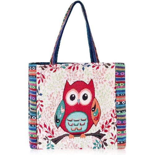 TZF-Owl BrodéEs Femme Tote Bag Aesthetic Grand Format Sac Fourre Tout Femme avec Fermeture Éclair et Poches Sac En toile Dames Pour le Shopping, L'école