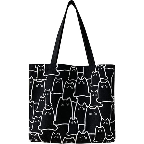 SJZG-Sac Fourre Tout En Toile Pour Chat, Tote Bag Noir Avec Fermeture Éclair, Sac En Toile, Sac De Courses Réutilisable En Coton Avec Poche,Pour Femme Comme Cadeau
