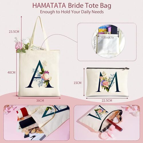 TIANYI-Cadeau Femme Sac Fourre-Tout avec Initiale Fleur, Personnalisés Sac en Toile en Coton Trousse de Maquillage, Cadeaux de Mariée, Cadeau Parfait pour Amie, Mères pour Anniversaire Mariage Voyage