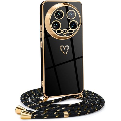 Coque Pour Xiaomi 14 Ultra 5g Avec Cordon De Collier, Coque Avec Cordon Motif Coeur D'amour Tpu Housse, Collier Réglabletéléphone Portable Lanyard Case Xiaomi 14 Ultra 5g, Or Noir