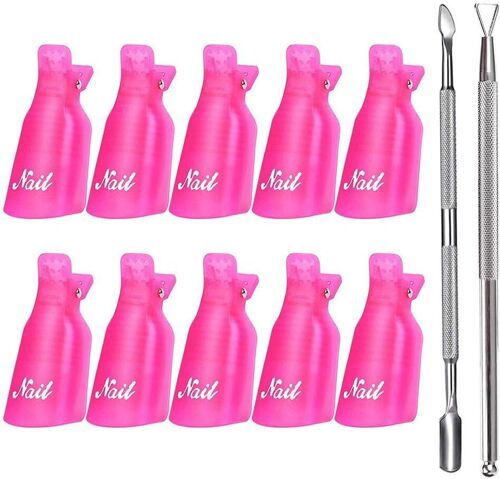 Nail Remover Tool, Nail Clips Set Nail Art Remover Soak Off Clips Manicure Kit, 10 X Nail Caps, 1 X Cuticle Cutter, 1 X Scraper Pusher