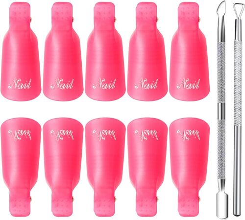 Nail Cap, 10 X Nail Remover Clips, Semi-Permanent Nail Clip For Nail Polish Nail Clips, Includes 2 Cuticle Pushers (Pink) 