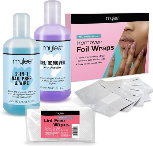 Nail Preparation And Cleaning Kit With Nail Polish Remover, Prep & Wipe 2-In-1 250 Ml And Gel Remover With Acetone 250 Ml + Wipes For Nails And Aluminium Sheets