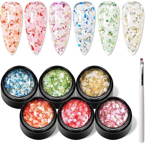 Fleur Glitter Gel Nail Polish Set - 6 Pcs Diamant Sequins Style Or Bleu Vert Clair Pink Jelly Gel Nail Polish Avec Fleur, Cristal Transparent Gel Polish Nail Art Manicure Kit 