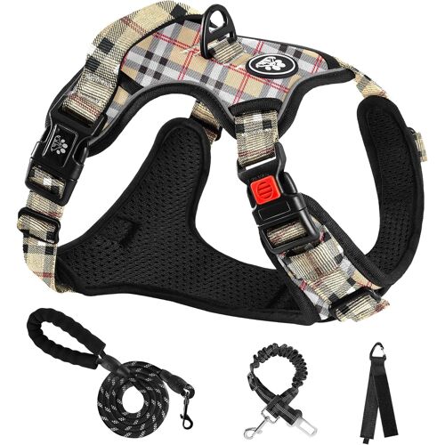 Dog Harness Jacket And Lead For Large Dogs That Pull Anti-Runway, Beige Plaid Size Xl Arnet For Dogs, Neck 43-64 Cm, Chest 53-89 Cm, Collars, Harness And Leads For Dogs, Dog Accessory