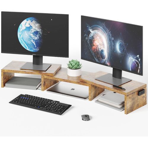 Support Moniteur Double, Rehausseur Écran PC de Bureau, Organisateur de Bureau en Bois, Longueur et Angle Réglables pour Moniteur Portable et Moniteur PC, Blanc