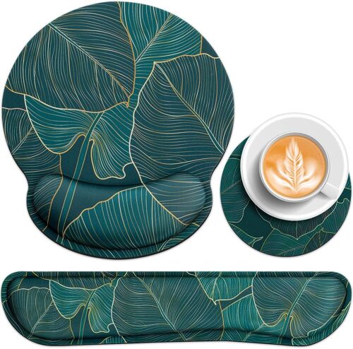 Tapis De Souris Avec Coussin Gel, 3 En 1 Avec Tapis De Souris Ergonomique Avec Mousse Mémoire + Repose Poignet Clavier+ Sous-Verres Antidérapants Pour Ordinateur, Bureau, Travail