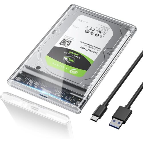 CHENG-Boitier Disque dur 2,5"", 6Gbps USB C 3.1 Gen 2 Boitier Externe Disque pour SATA HDD et SSD de 2,5'' et 7/9.5mm, Boitier SSD accélération UASP&TRIM, sans Outils, Câble USB C Inclus-Transparent