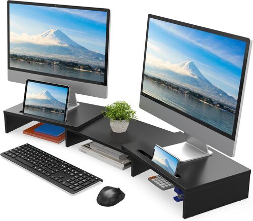 Wooden Screen Riser, Monitor Stand, Laptop Stand, PC, TV, Printer ¿ for 2 Monitors ¿ with Phone Stand, Tablet, 79-111.5 x 27 x 10.7 cm