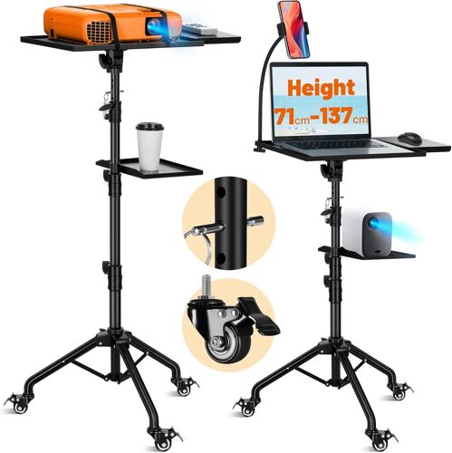 MEVRONISSHOP-Support de Projecteur Mobile sur Pied: Pied Polyvalent avec Roulettes Métalliques, Plateau Réglable 71-137 cm, Rotation 180°, Charge 14 kg, Idéal pour Projecteurs, Ordinateurs, Partition