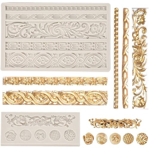 Jexnovashop-Lot De 2 Moules 3d Baroques Sculptés Pour Gâteau Rétro, Bordure Dentelée Gaufrée, Décoration De Pâte À Sucre, Argile, Bougies Et Bonbons