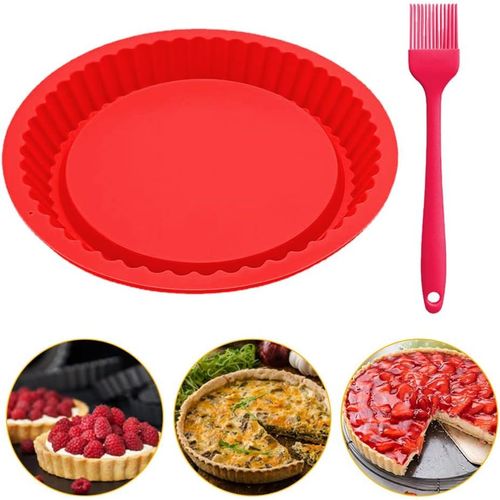 Moule à Tartelette Silicone Moule Quiche Silicone Moule à Tarte en Silicone Rouge Plat à Tarte en Silicone avec Pinceau Patisserie Silicone pour Gâteau Crêpes Pizzas Omelettes, 26 * 26 * 3.5cm