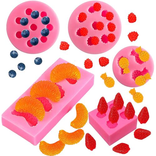 Jexnovashop-5pcs Fruits Moule Silicone Fondant Moules À Gelée En Forme De Fruits, 3d Mini Ananas Fraise Orange Myrtille Mûre Moule À Fruits En Silicone Pour La Décoration De Cupcakes Bonbons Chocolat