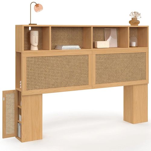 Tête De Lit Edhen 145 Cm Avec Rangements Fermés Et Niches Cannage Et Bois