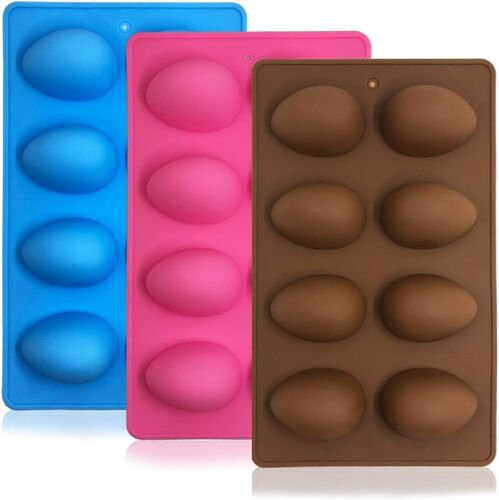 Jexnovashop-3 Pièces Forme D'oeuf Moules En Silicone, 8 Cavités Moule De Cuisson Pour Le Chocolat, Pâtisserie, Gâteau, Muffin, Pain, Glaçon, Savon - Rose, Bleu, Marron