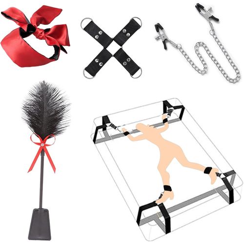 Menottes Sex Lit(4-Coins) Kit Bdsm Sex Toýs Couple,Retenue Et Bondage Lit Bdsms Set Accessoires,Menottes Sexy Érotique Pinces Pour Mamelon Oeillères Sexe Jeux Sexuelle Adulte Couple (Lit-5pcs)