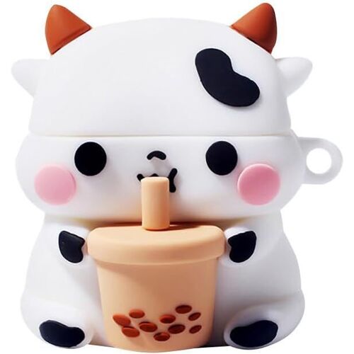 Étui pour écouteurs 3D Mignon Dessin Animé Bulle de thé Vache,Coque de Protection Complète Résistante aux Chocs avec Mousqueton Compatible pour Airpods Pro 1 & 2