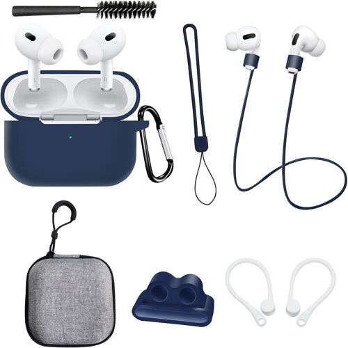 ELVORIX-Silicone Coque pour AirPods Pro 2 Gen: 8 en 1 Accessories Compatible with Étui Protection pour AirPod Charging Cas pour Watch Band Holder/Ear Hooks/Brosse de Nettoyage (Bleu)