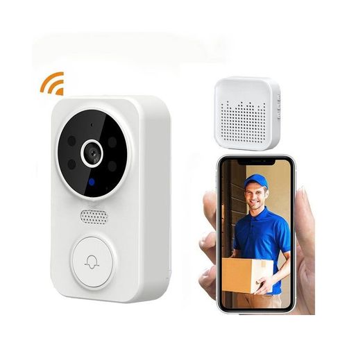 Sonnette vidéo intelligente sans fil avec carillon ¿ Vidéo HD, audio bidirectionnel, vision nocturne, installation facile ¿ Blanc