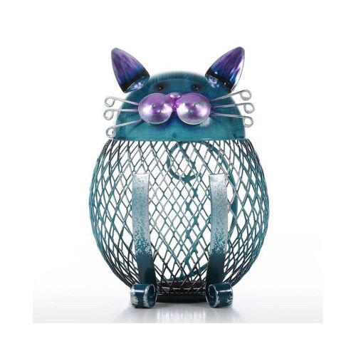 Tirelire en forme de chat charmante ¿ Tirelire créative en fer pour la décoration intérieure, design réticulaire unique, bleu vif, ornement d'épargne fait main