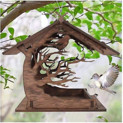 Mangeoire À Oiseaux En Bois Écologique Pour L'extérieur - Durable, Résistante Aux Intempéries, Installation Facile, Alimentation Toute L'année Pour Les Mésanges, Les Moineaux Et Plus Encore