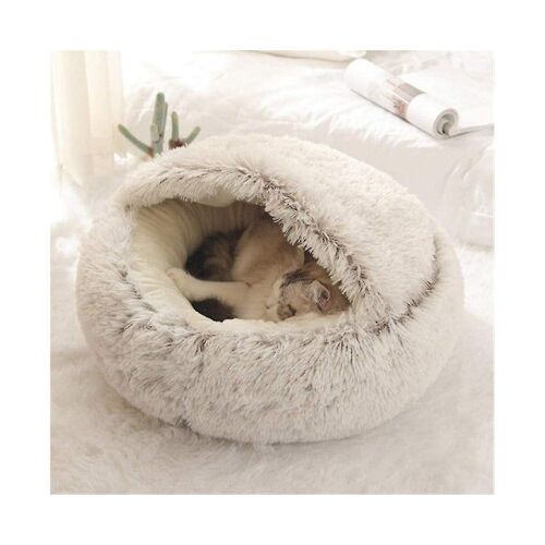 Panier Rond Et Confortable En Peluche Avec Capuche Pour Chat ¿ Niche D'hiver Douce Et Chaude Pour Chats Et Petits Chiens, Lavable En Machine, Couleur Café, 50 Cm