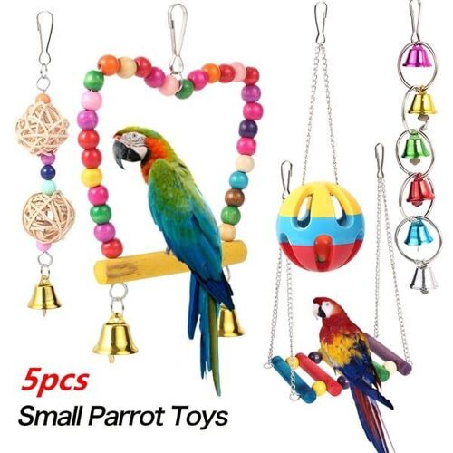Lot De 5 Balançoires Et Jouets À Mâcher Colorés Pour Perroquets ¿ Bois Sûr, Clochettes Et Escalade Amusante Pour Perruches, Calopsittes Et Inséparables