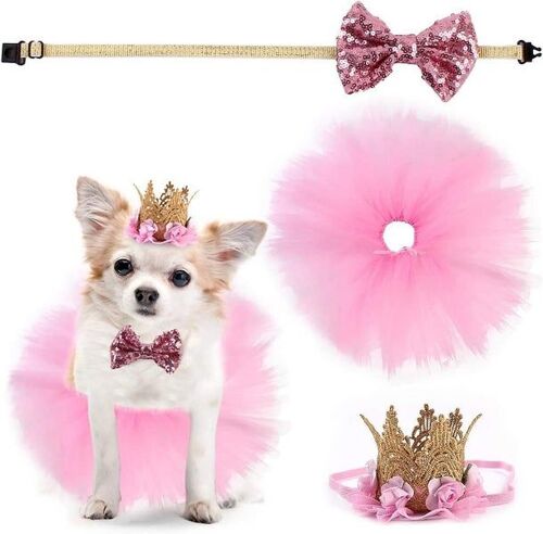 Adorable Ensemble De Costumes D'anniversaire Pour Animaux De Compagnie - Jupe Tutu, Chapeau Couronne Et Noeud Papillon À Paillettes Pour Chiens Et Chats - Parfait Pour Les Célébrations