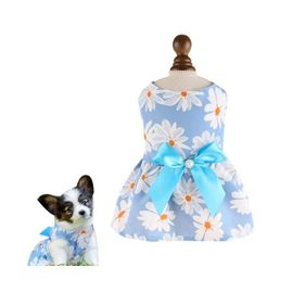 Robe Bleu Clair À Motif Marguerites Avec Noeud ¿ Jolie Tenue D'été Pour Petits Chiens ¿ Idéale Pour Les Fêtes Et Les Occasions Spéciales
