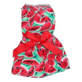 Charmante Robe D'été Pour Chien À Imprimé Pastèque Avec Noeud Papillon - Sans Manches, Polyester Doux, Parfaite Pour Les Journées Ensoleillées Et Les Occasions Spéciales
