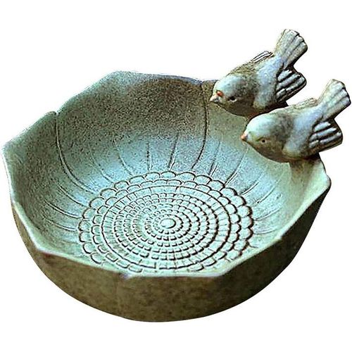 Bain D'oiseaux Rond En Céramique Cyan Avec Deux Oiseaux Sauvages - Mangeoire Décorative D'extérieur Pour Jardins Et Terrasses