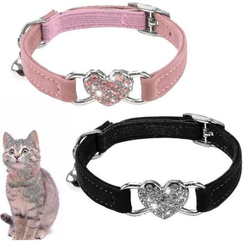 Charmants Colliers Réglables Pour Chatons Avec Clochettes - 2 Pièces Rouges Et Noires, Fermeture De Sécurité, Cristal En Forme De Coeur, Nylon Souple, Élégants Et Confortables