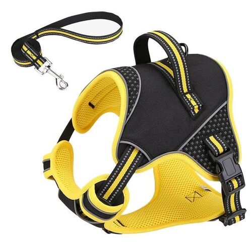 Ensemble Harnais Et Laisse Réfléchissants Anti-Traction Pour Chien - Réglable, Rembourré, Jaune, Taille Moyenne Pour Plus De Sécurité Et De Confort Pendant Les Promenades