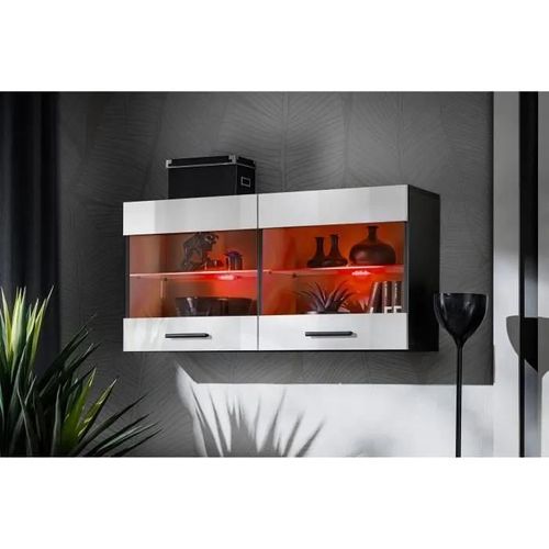 Vitrine Armoire Suspendue Savona Komodee - Led Rgb - Blanc & Noir - 2 Portes - L100cm X H50cm X P30cm