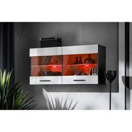 Vitrine Armoire Suspendue Savona Komodee - Led Rgb - Blanc & Noir - 2 Portes - L100cm X H50cm X P30cm