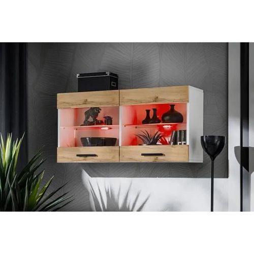 Vitrine Armoire Savona Komodee - Led Rgb - Bois Naturel Mat & Blanc - Façades En Mat - L100cm X H50cm X P30cm