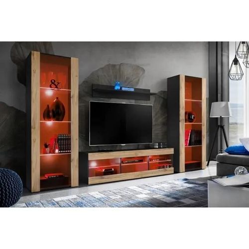 Meuble Tv - Tivoli Set Grande Komodee - Led Rgb - Bois Naturel Mat & Noir - L 195cm X H 159cm X P35cm
