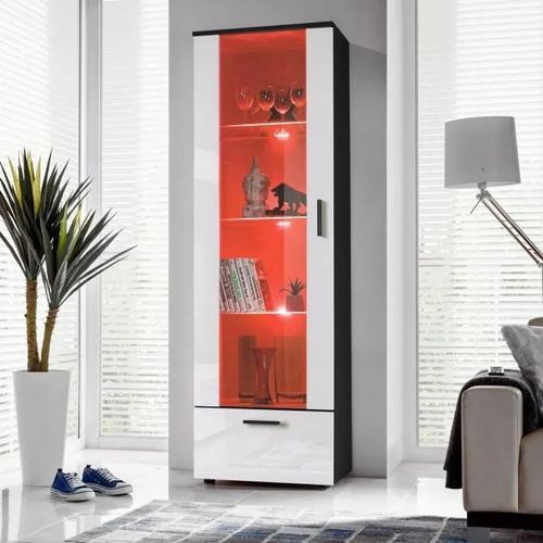 Vitrine Armoire Alessandria Komodee - Led Rgb - Blanc Brillant & Noir - Façades En Brillant - L60cm X H192cm X P42 Cm
