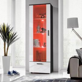 Vitrine Armoire Alessandria Komodee - Led Rgb - Blanc Brillant & Noir - Façades En Brillant - L60cm X H192cm X P42 Cm