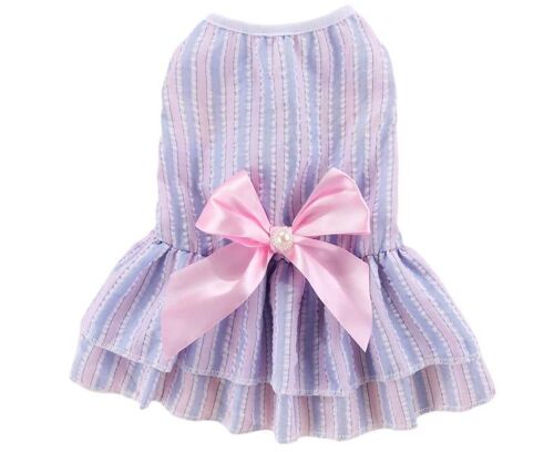 Robe Chic À Rayures Roses Et Bleues Avec Noeud Papillon Pour Chien ¿ Confortable Et Élégante Pour Les Sorties Estivales, Les Fêtes Et Les Séances Photo