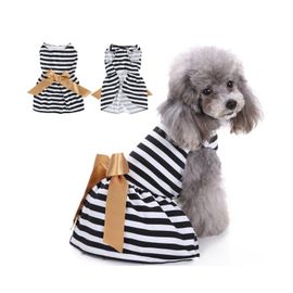 Robe Chic À Rayures Noires Et Blanches Avec Noeud Papillon Pour Chienne ¿ Jupe D'été Sans Manches Pour Chienne ¿ Vêtements Élégants Et Confortables Pour Animaux De Compagnie