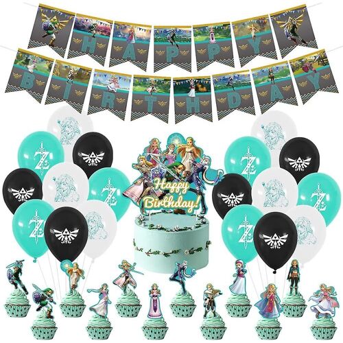 32 Pcs Legend Of Zelda Thème Birthday Party Fournitures, Décorations de fête Happy Bithday Banner, Cupcake Toppers Latex Balloon For Game Theme Party Suppl